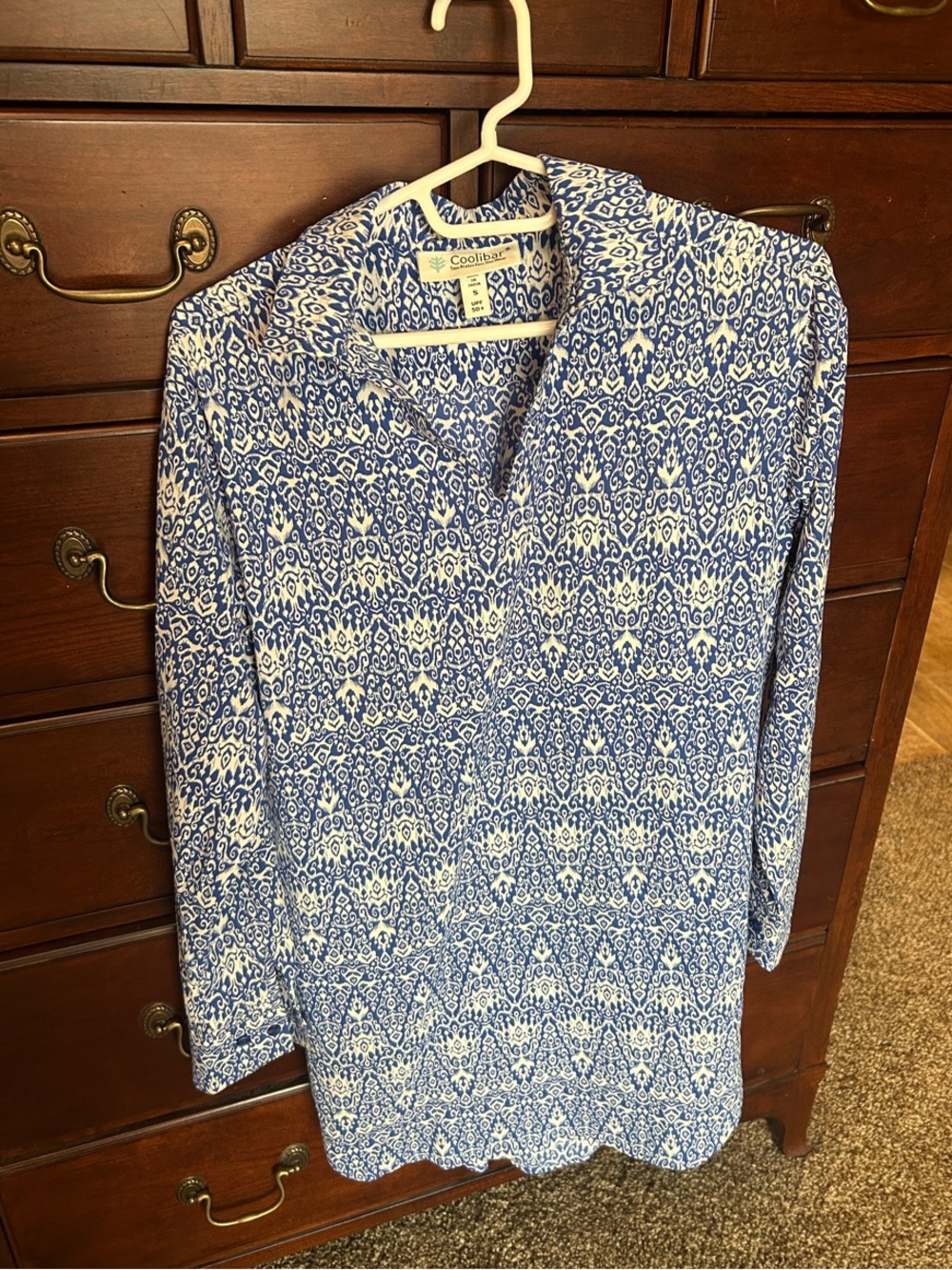 Coolibar Blue and White Printed Long Sleeve Swim Coverup
